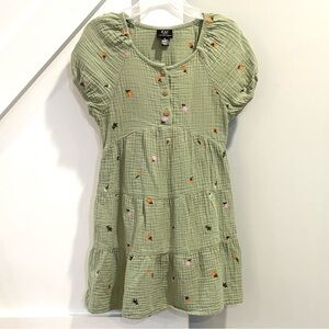 Embroidered Floral Tiered Crepe Linen Like Sage Green Peasant Sleeve Sun Dress